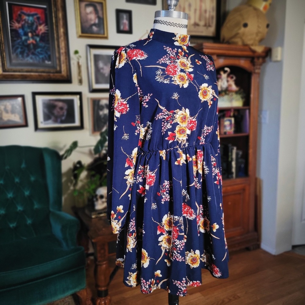 Floral Mock Neck Dress Navy Blue Long Sleeve Fit Flare Mini Botanical Medium